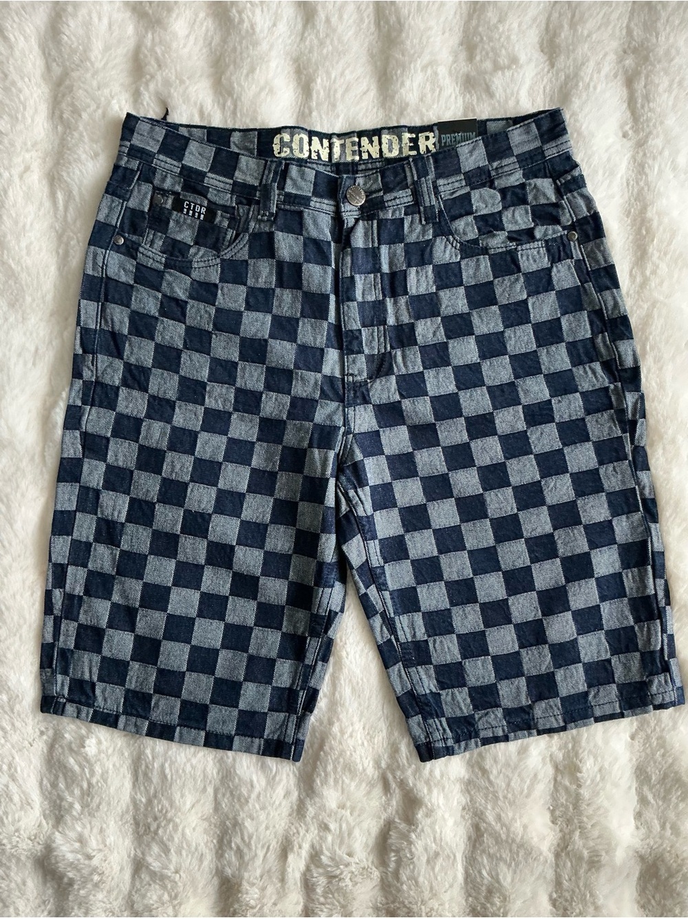 Men's Navy Checkered Jean Shorts - Classic Summer Style - Picture 4 of 7